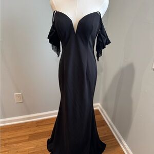 Betsy & Adam Black Strapless Dress with Fringe